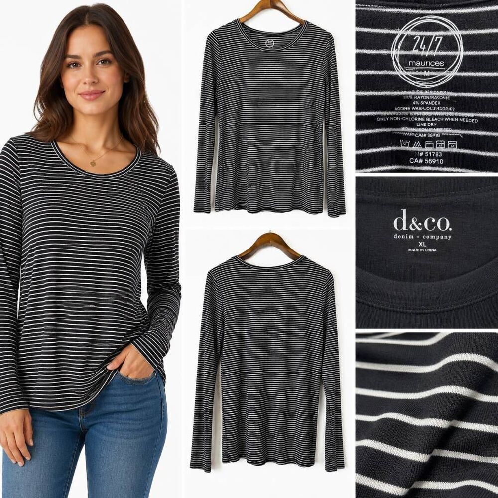 Maurices 24/7 Black White Striped Long Sleeve Top XL